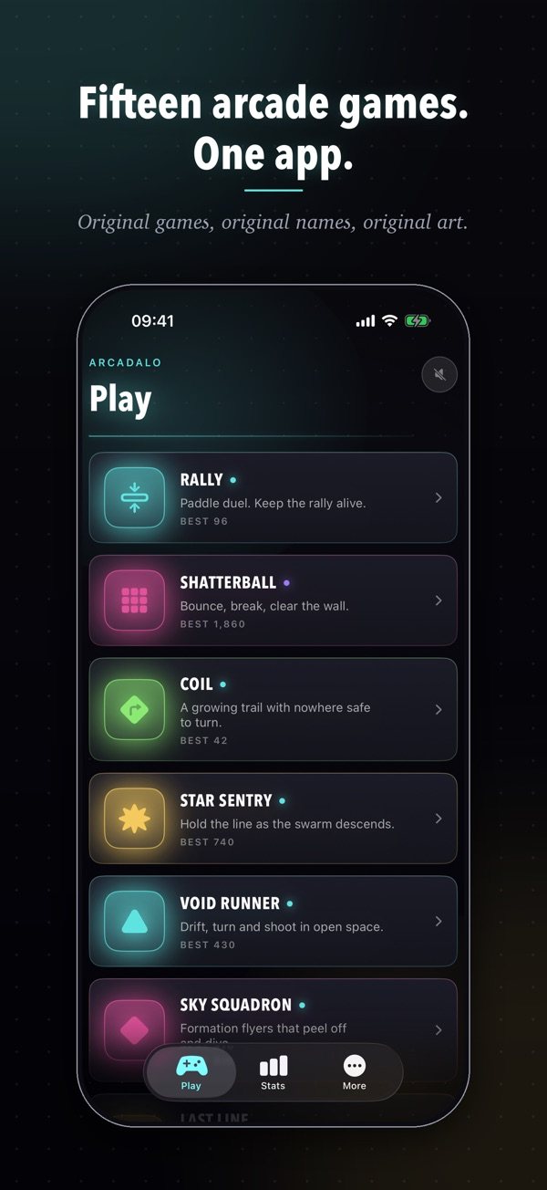 Arcadalo's Play screen, listing fifteen original arcade games
