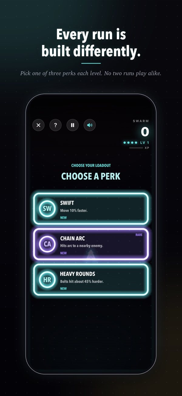 Choosing one of three perks between levels in Arcadalo