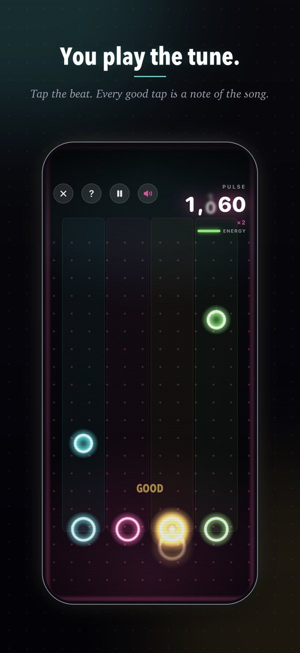 Pulse, Arcadalo's rhythm game, where your taps play the tune
