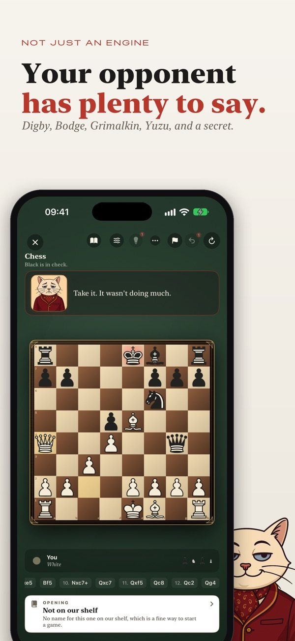A chess game against an illustrated Boardalo opponent who has plenty to say