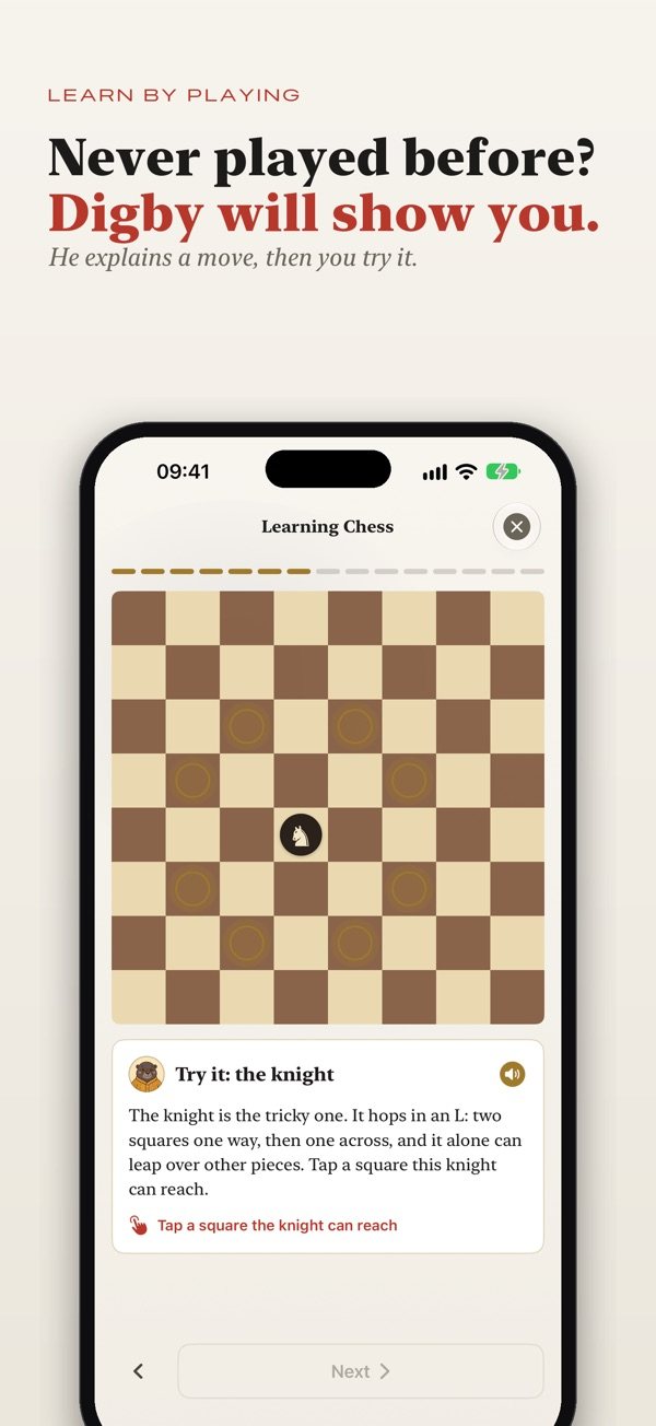 Digby teaching chess move by move in Boardalo's interactive lesson
