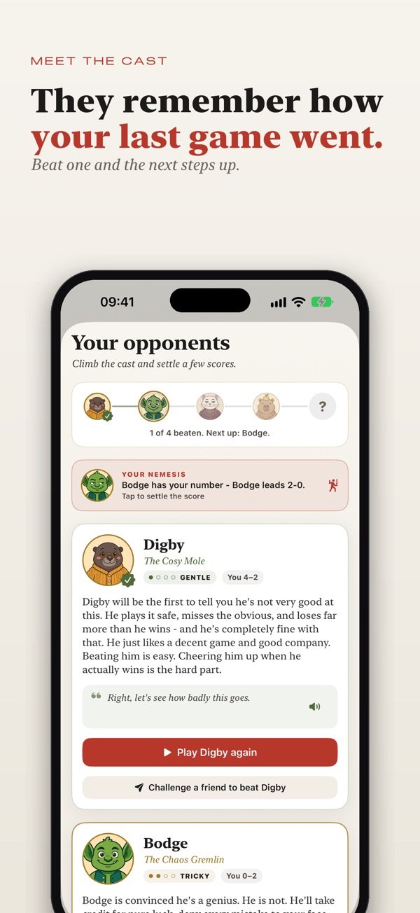 Boardalo's opponents screen, climbing from Digby to Bodge and beyond