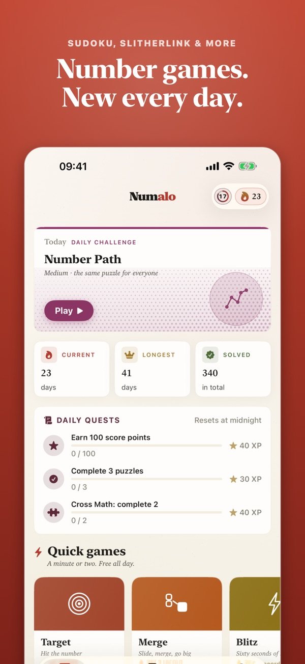 Numalo's Today screen with the daily challenge, streaks and quick games