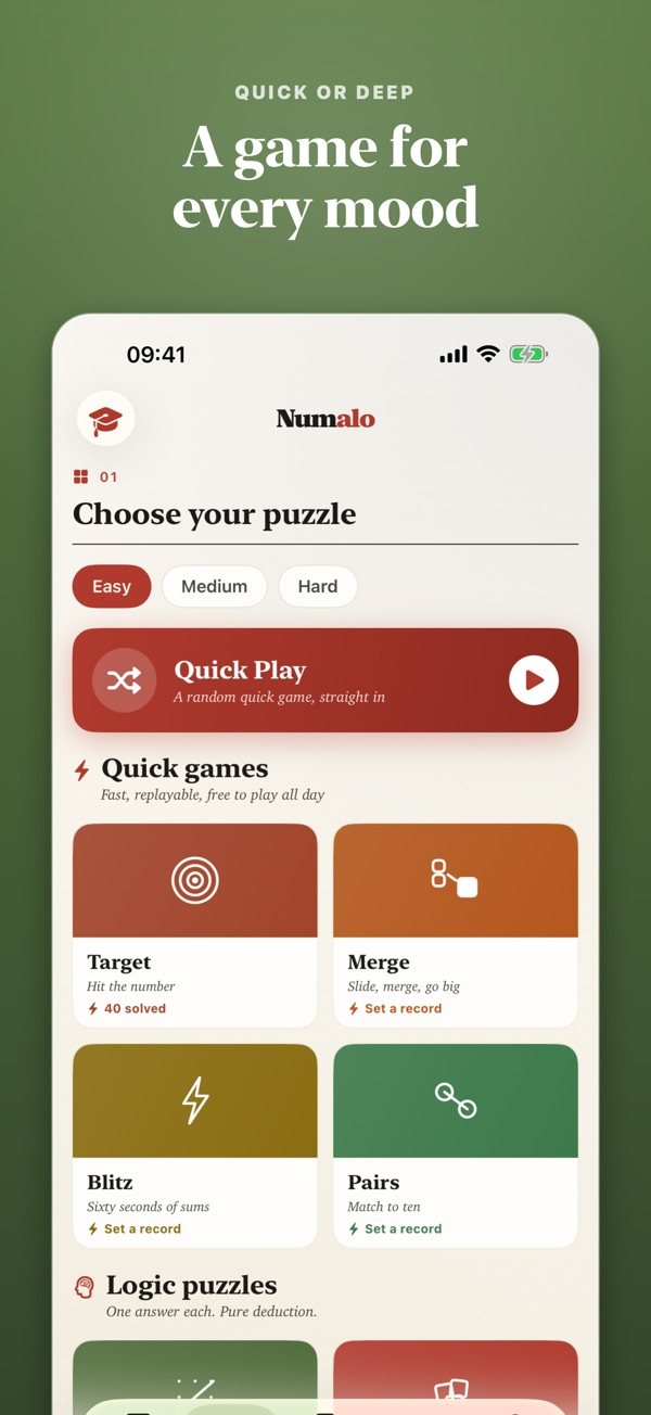 Choosing a puzzle in Numalo: quick games and logic puzzles at three difficulties