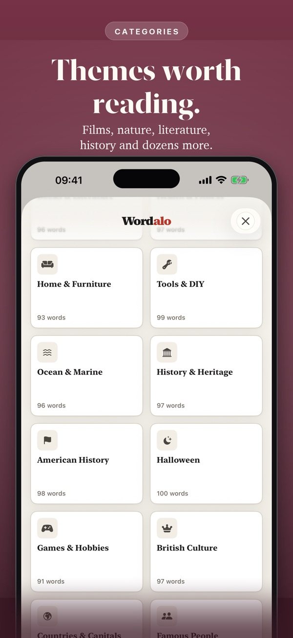 Wordalo's themed categories, from Home and Furniture to British Culture