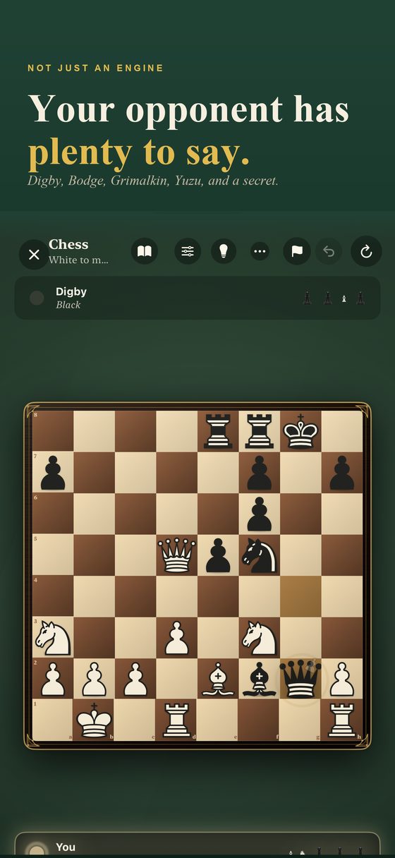 A chess game in progress against Digby, an illustrated Boardalo opponent
