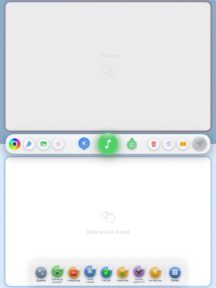 Kammunicate's shared canvas: the screen splits in two, with a toolbar between the halves and quick cards along each edge