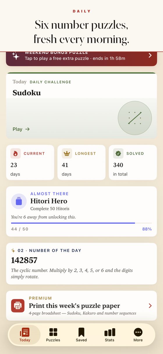 Numalo's home screen with the day's six number puzzles
